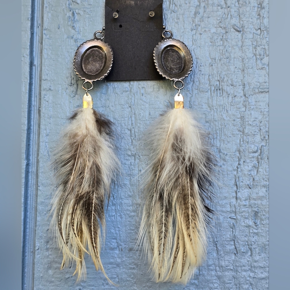 New! Hand Crafted Turquoise Color Blue Feather Dangle Earrings Native Boho - Picture 3 of 6